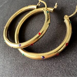 14k Gold Hoop Earrings with Multicolor gemstone Accents 1.25 inches
